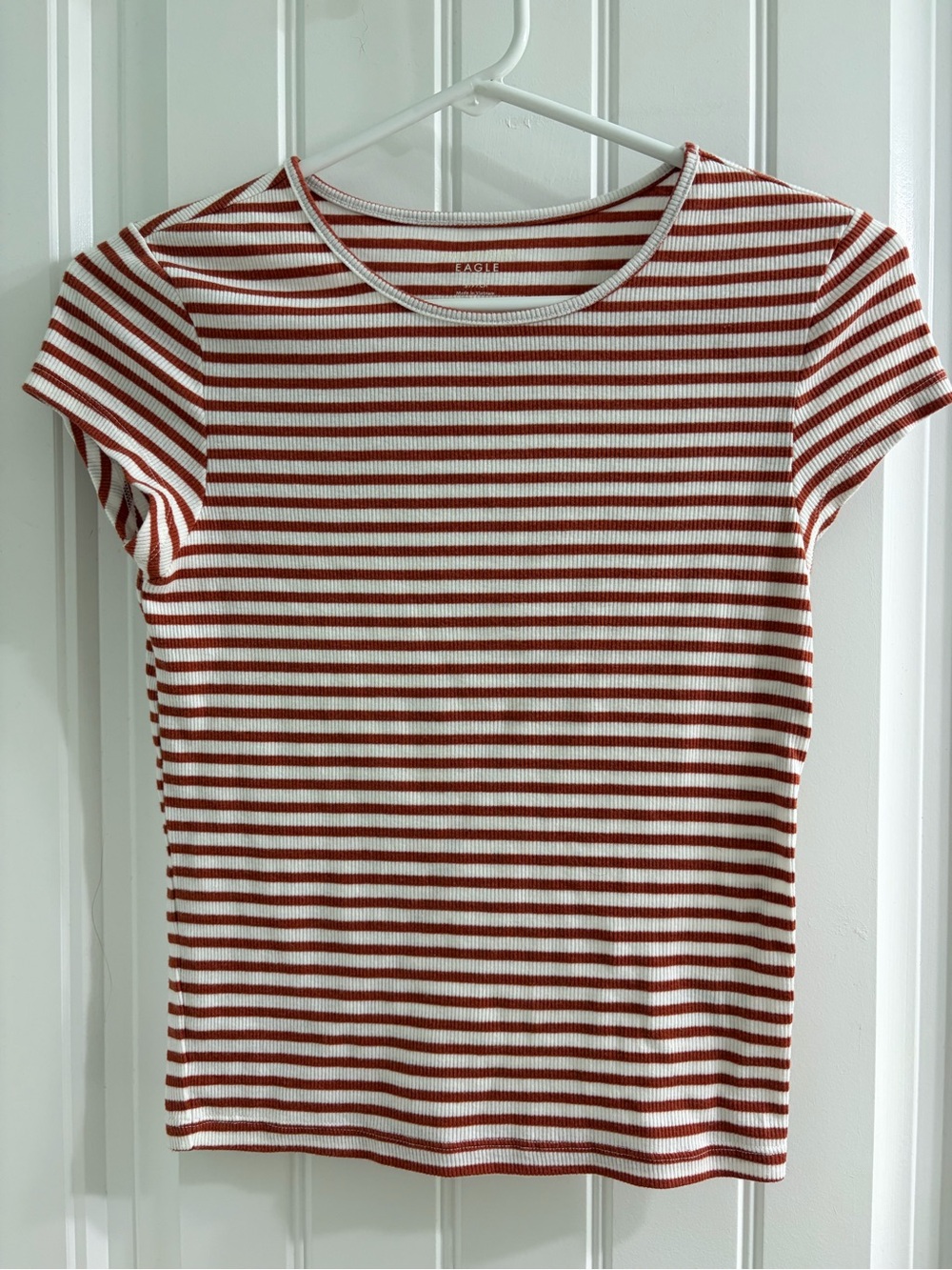 American Eagle Rust and White Ribbed Short-Sleeve Tee Sz S Y2K Asthetic